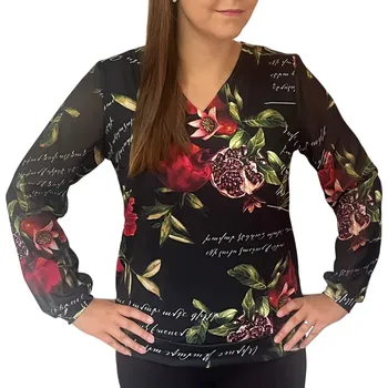 Dámská halenka Halenka Sofistik černá s červenými květy a průhlednými rukávy velikosti Sofistik: 42