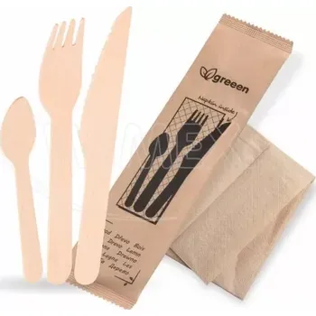 Příbor Sada dřevěných příborů (dřevo FSC 100%)(vidlička + nůž + lžička + ubrousek) [50 sad] (40035 - 10B)