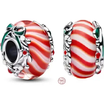 Přívěsek Charm Sterlingové stříbro 925 Sladké Vánoce – Červeno-bílý přívěsek se stuhou, korálek na náramek vánoce