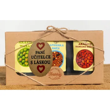 Dárková krabička Křupavé arašídy Dárková sada 3 druhů paní učitelce s láskou (Křupavé arašídy Dárková sada 3 druhů paní učitelce s láskou)