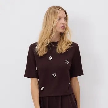 Dámské tričko Reserved - Tričko s ozdobnými krystalky - tmavě hnědá - 871HD-89X - 871HD-89X-L