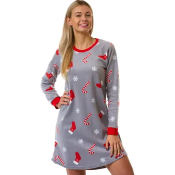 Dámská noční košile Dámská šedá flízová košilka s vánočním motivem ponožek a vloček - termo teplá 1Z1724 šedá l