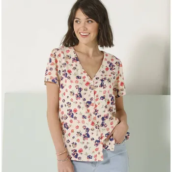 Dámská halenka Košilová halenka s květinovým vzorem a výšivkou béžová/indigo 42