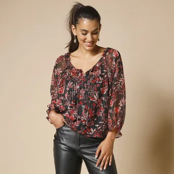 Dámská móda Halenka z voálu a lesklých vláken černá/červená 52