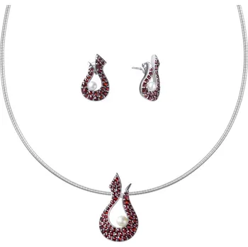 Souprava šperků Stříbrný set šperků 1192 s českým granátem a perlou, rhodiovaný - vlnka Zapínání: balónek, Délka řetízku: 45 cm