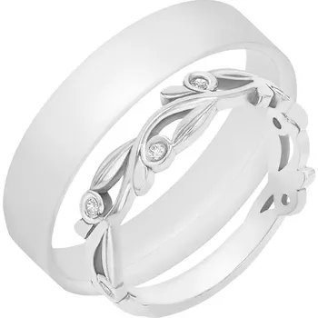 Prsten Dámský prsten ve tvaru lístečků s diamanty a pánský plochý prsten Emery