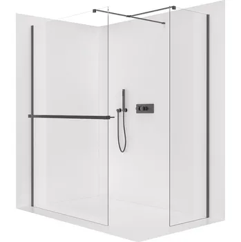 Cerano Sprchová zástěna Walk-in Onyx T L/P, 8 mm, hranatá vzpěra + polička/držák na ručníky, černá matná, transparentní sklo, 140x90 cm, CER-8050BD3922