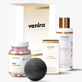 Léčba akné VENIRA Dárková sada stop akné srdíčka 120 tbl. + krém 30 ml + gel 150 ml + konjaková houbička