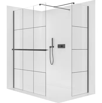 Cerano Sprchová zástěna Walk-in Onyx T L/P, 8 mm, hranatá vzpěra + polička/držák na ručníky, černá matná, industriální sklo, 160x160 cm, CER-8050BD4128