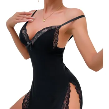 Dámská noční košile Dámská noční košile s krajkou a rozparkem Elegantní jednobarevná košilka s výstřihem do V Lehký polyester Pohodlné noční prádlo Různé barvy černá XXL