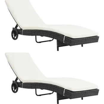 Zahradní lehátko Zahradní lehátka 2 ks s kolečky a poduškami polyratan černá