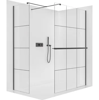 Cerano Sprchová zástěna Walk-in Onyx T L/P, 8 mm, hranatá vzpěra + polička/držák na ručníky, černá matná, industriální sklo- 150x90 cm, CER-8050BD4142
