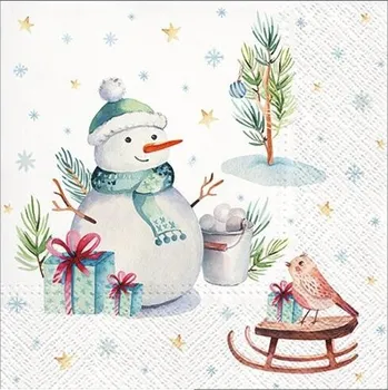 Papírový ubrousek Ubrousek na decoupage Sněhulák a sáňky 33x33 cm - 3vrstvy - 1 ks