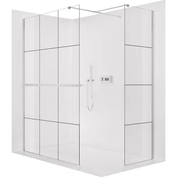 Cerano Sprchová zástěna Walk-in Onyx T L/P, 8 mm, hranatá vzpěra + polička/držák na ručníky, chrom, industriální sklo- 130x130 cm, CER-8050BD4497