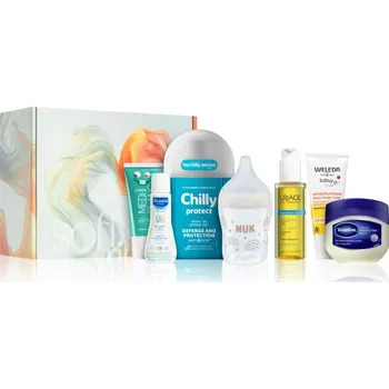 Sprchový gel Beauty Beauty Box Notino Chilly Protect gel na intimní hygienu 200 ml + Weleda Baby měsíčkový kojenecký krém na zadeček bez parfemace 75 ml + Vaseline Original kosmetická vazelína 50 ml + Uriage Bariéderm Cica Dermatological Oil vyživující tělový olej na