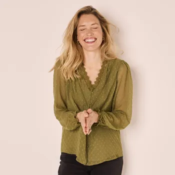 Dámská halenka Halenka z vyšívaného voálu s krajkou khaki 36