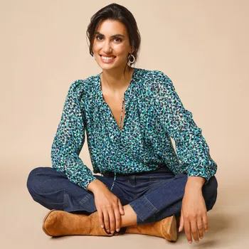 Dámská halenka Halenka s tuniským výstřihem a zvířecím vzorem zelená/modrá 40