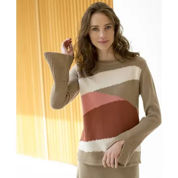 Dámský svetr Pulovr s kulatým výstřihem a barevným vzorem hnědošedý melír 54