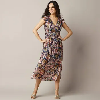 Dámské šaty Šaty s krátkými rukávy a volány, žakárový voál s potiskem nám. modrá/karamelová 50