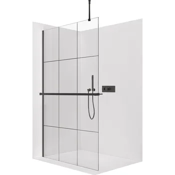 Cerano Sprchová zástěna Walk-in Onyx Top Round L/P, 8 mm, kulatá vzpěra + polička/držák na ručníky, černá matná, industriální sklo, 120x200 cm, CER-8050BD1480