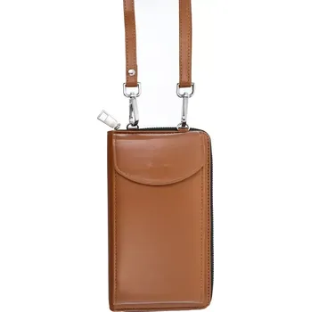 Pouzdro na mobilní telefon Stylish crossbody taška na mobil - hnědá (Elegantní dámská taška Stylish na mobilní telefon - hnědá z eko kůže se zipem, popruhem a praktickými přihrádkami)
