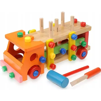 Dřevěná hračka Dřevěný náklaďák s kladívkovými šrouby hračka pro kutily 29 x 12 cm