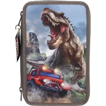 Penál Dino World třípatrový penál s výbavou – New World (T-Rex & červený džíp)