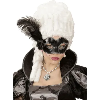 Karnevalová maska Benátská černá škraboška s černou růží, peřím a korálky