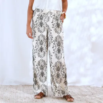 Dámské kalhoty Široké kalhoty s potiskem kašmírového vzoru béžová/černá 42