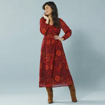 Dámské šaty Dlouhé voálové šaty s potiskem pro menší postavu švestková 44