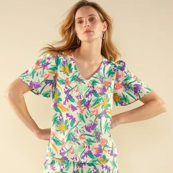 Dámská halenka Halenka s výstřihem do V , krátkými rukávy a potiskem potisk režná 42