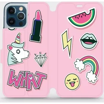 Pouzdro na mobilní telefon Mobiwear flip pouzdro Apple iPhone 12 Pro Max - růžové WHAT (Flipové pouzdro Mobiwear pro Apple iPhone 12 Pro Max - růžové WHAT, s magnetickým zavíráním, funkcí stojánku a pružnou TPU vaničkou)