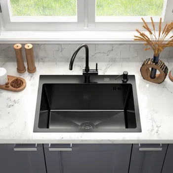 Keramický dřez Kuchyňský dřez jednokomorový Černý Grafit 68x45 cm + Příslušenství
