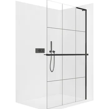 Cerano Sprchová zástěna Walk-in Onyx L-pravá vzpěra, 8 mm + polička/držák na ručníky, černá matná, industriální sklo, 160x200 cm, CER-8050BD1376