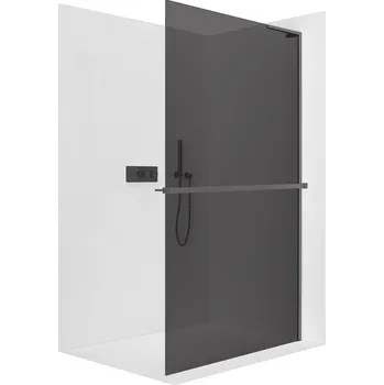 Cerano Sprchová zástěna Walk-in Onyx L-pravá vzpěra, 8 mm + polička/držák na ručníky, černá matná, grafitové sklo, 140x200 cm, CER-8050BD988