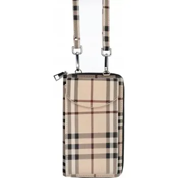 Pouzdro na mobilní telefon Stylish crossbody taška na mobil - béžový kostkovaný vzor (Elegantní dámská taška Stylish na mobilní telefon - béžová kostka z eko kůže se zipem, popruhem a praktickými přihrádkami)