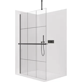 Cerano Sprchová zástěna Walk-in Onyx Top Cube L/P, 8 mm, hranatá vzpěra + polička/držák na ručníky, černá matná, industriální sklo, 130x200 cm, CER-8050BD7114