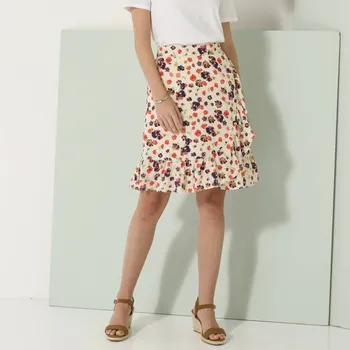 Dámská sukně Rozšířená volánová sukně s potiskem květin béžová/indigo 54