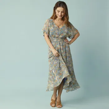 Dámské šaty Dlouhé šaty s potiskem a výstřihem do V, pro malou postavu modrá/vícebarevná 52