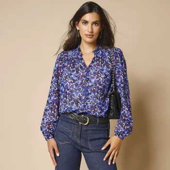 Dámská halenka Košilová halenka, voál s potiskem modrá/fialová 54