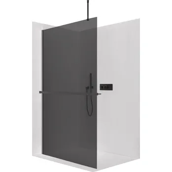 Cerano Sprchová zástěna Walk-in Onyx Top Round L/P, 10 mm, kulatá vzpěra + polička/držák na ručníky, černá matná, grafitové sklo, 160x200 cm, CER-8050BD711017