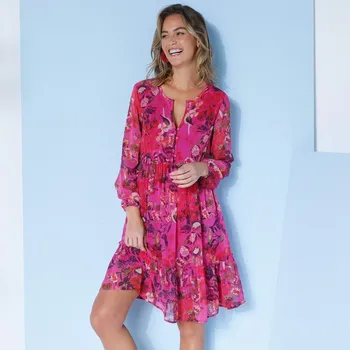 Dámské šaty Voálové šaty s hlubokým výstřihem a potiskem květin purpurová/nám. modrá 52