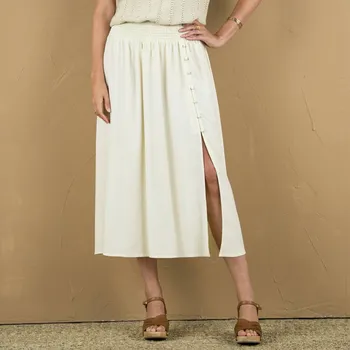 Dámská sukně Jednobarevná midi sukně s rozparkem a žabičkovaným pasem písková 38/40