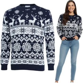 Podprsenka VÁNOČNÍ SVETR DÁMSKÝ NORSKÝ TMAVĚ MODRÝ SE SOBY A SNĚHOVÉ VLOČKY ZIMNÍ L