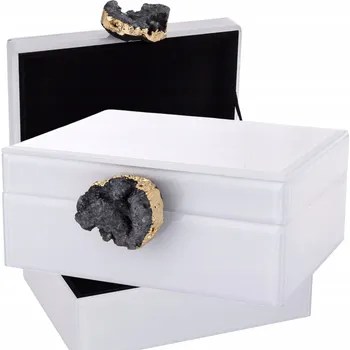 Šperkovnice SKLENĚNÁ ŠPERKOVNICE BÍLÁ NA ŠPERKY KAZETA GLAMOUR ZLATO ČERNÝ ACHÁT