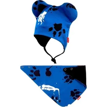 Kojenecký body Bexa dvouvrstvá čepice na zavazování s oušky + šátek - Tlapky, granát Velikost: 62/68 (3-6m)