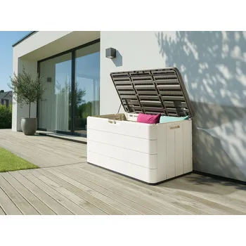 Zahradní nábytek Zahradní úložný box bílý plast 116 x 60 cm venkovní box na nářadí textil Beliani
