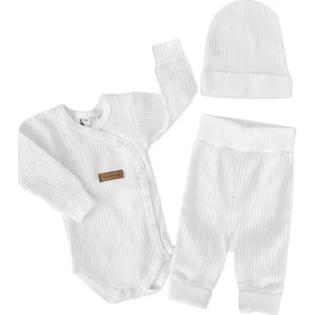Kojenecký body Žebrované zavinovací body, tepláčky a čepička Kazum 3D bavlněná sada, bílé Velikost: 62 (2-3m)