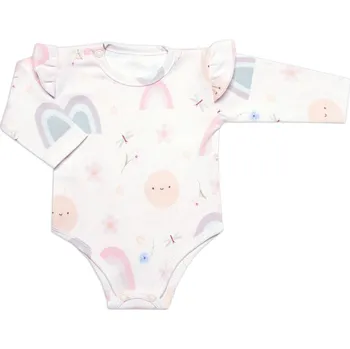 Kojenecký body Body dl. rukáv s volánkem, bavlna, zapínání u krku Mrofi, Rainbow - bílé Velikost: 80 (9-12m)