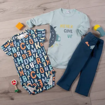 Kojenecký body Body dl. rukáv, body kr. rukáv, tepláčky,3D sada K-Baby - Písmenka, modrá Velikost: 74 (6-9m)